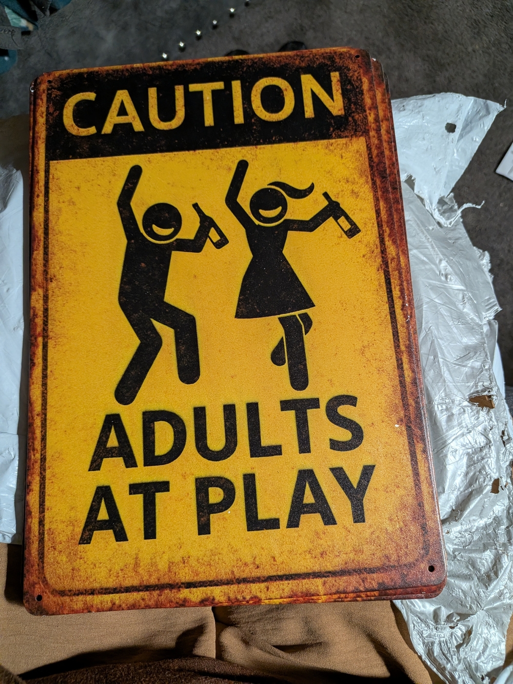 Source Unknown Yellow and Black "Adults At Play" Metal Warning Sign 8x12